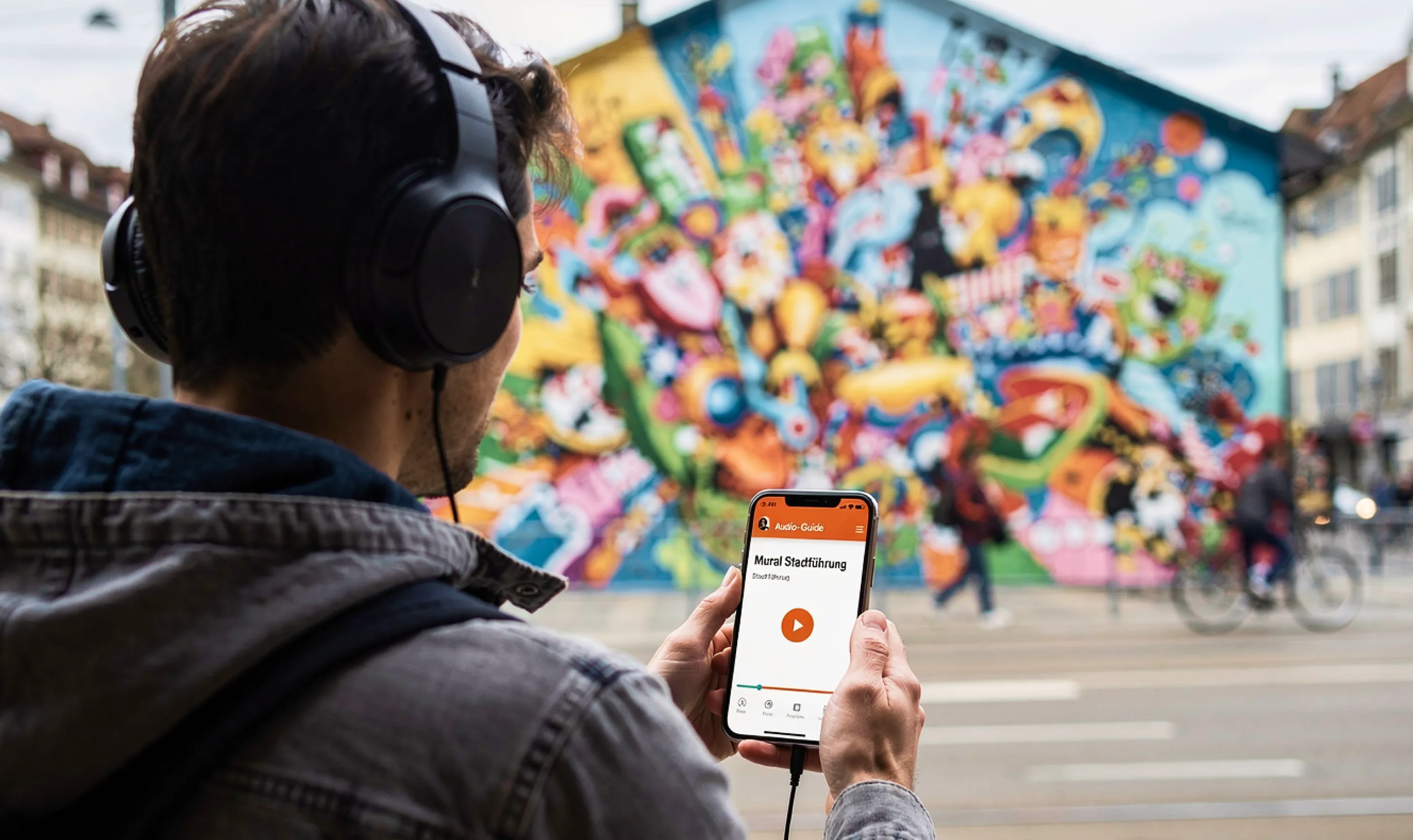 Ein Besucher mit Kopfhörern steht vor einem Mural und hält das Handy mit dem Guide in der Hand
